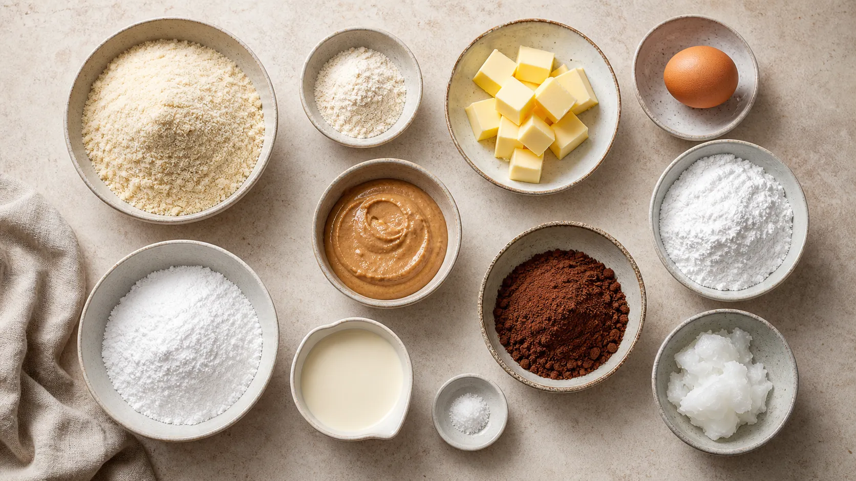 Zutaten für Keto Kalter Hund: Mandelmehl, Butter, Kokosöl, Kakaopulver, Erythrit und Sahne