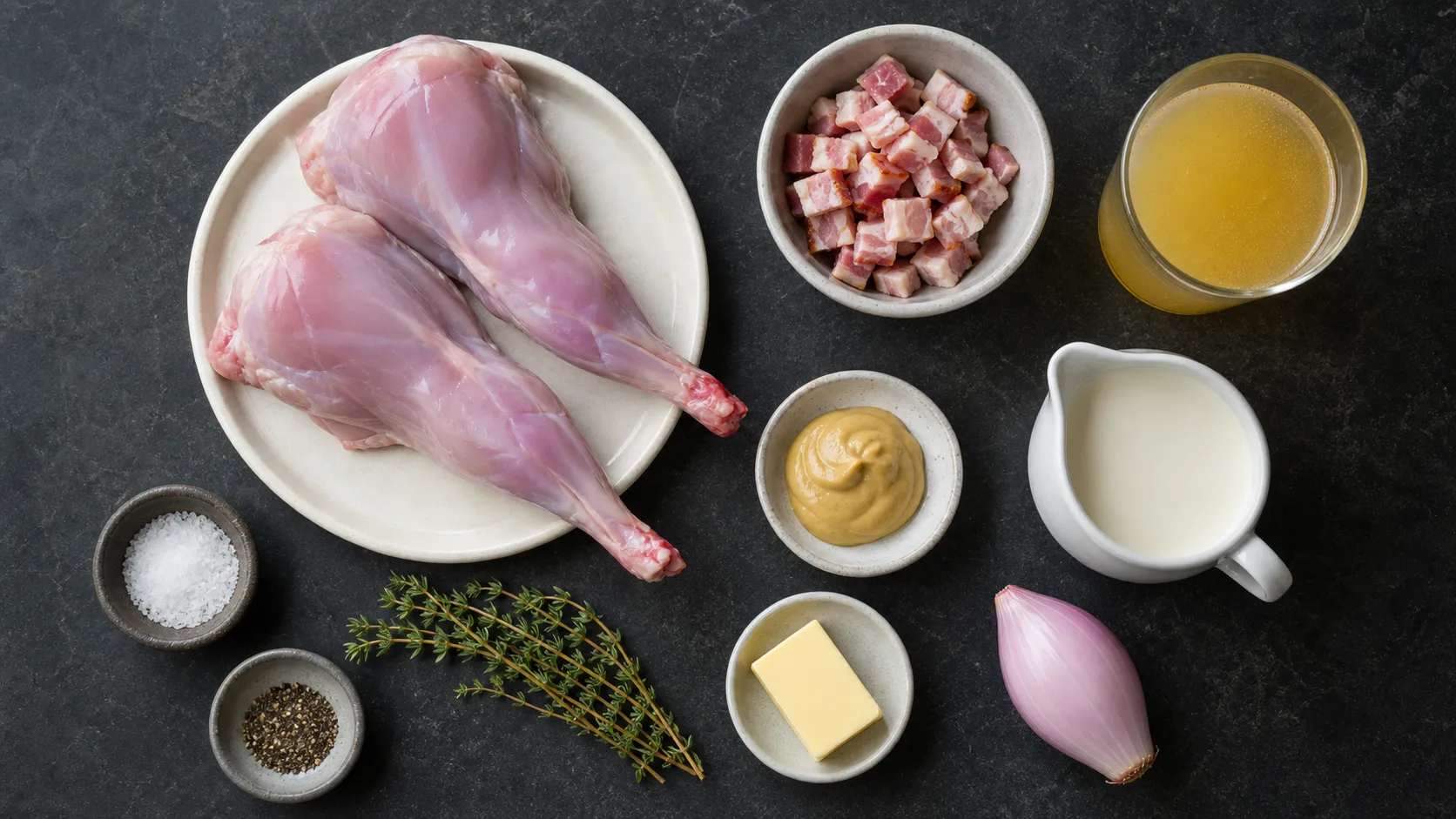 Zutaten für Keto-Kaninchen in Senf-Rahm: Kaninchenkeulen, Dijonsenf, Sahne, Speck, Thymian
