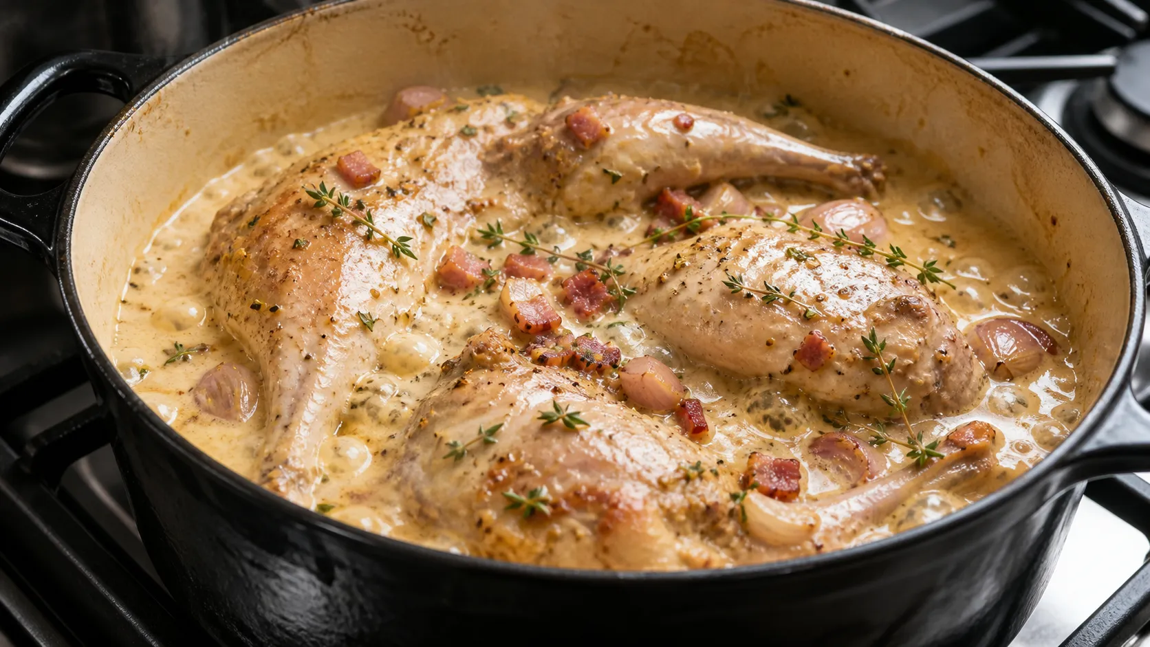 Kaninchenkeulen schmoren mit Speck und Senf-Rahm-Sauce in einem Schmortopf