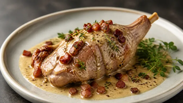 Geschmorte Kaninchenkeule in cremiger Senf-Rahm-Sauce mit Speckwürfeln und Thymian auf einem Teller