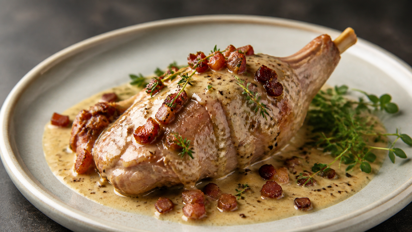 Geschmorte Kaninchenkeule in cremiger Senf-Rahm-Sauce mit Speckwürfeln und Thymian auf einem Teller