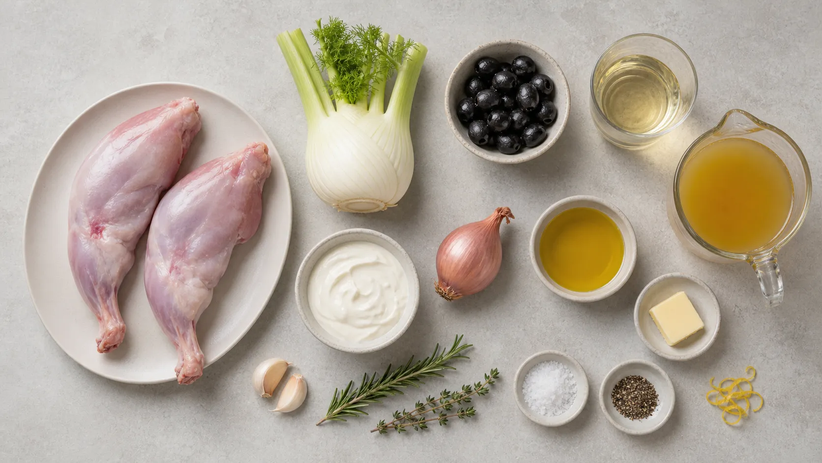 Zutaten für Keto Kaninchenkeulen: zwei Keulen, Fenchelknolle, schwarze Oliven, Weißwein, Rosmarin, Thymian, Knoblauch