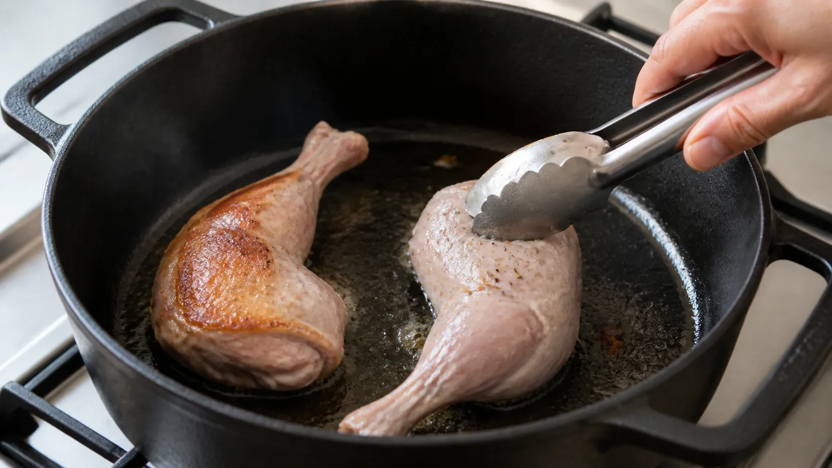 Kaninchenkeulen werden in einem gusseisernen Schmortopf von allen Seiten scharf angebraten