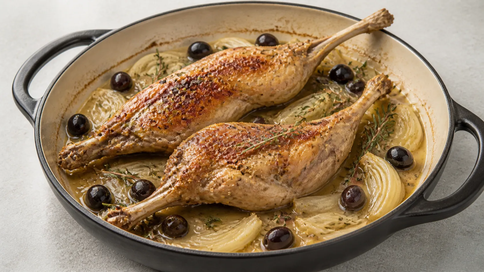 Schmortopf mit zwei goldbraunen Keto Kaninchenkeulen auf Fenchelspalten und schwarzen Oliven in heller Weißweinsauce