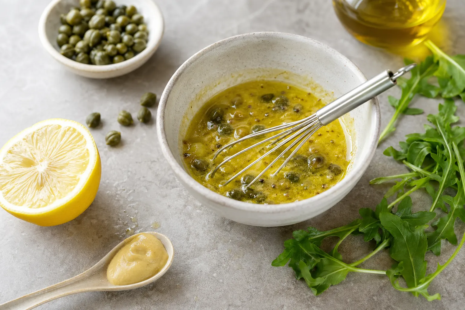 Kapern-Senf-Dressing für den Keto-Thunfisch-Avocado-Teller in einer kleinen Schüssel