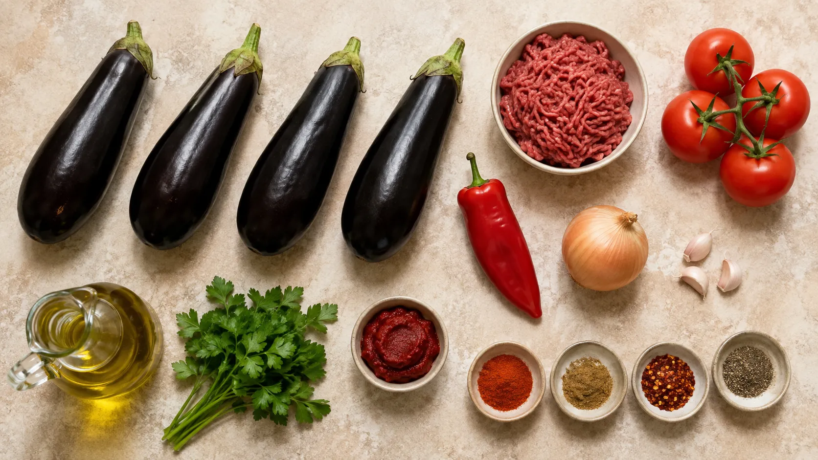 Zutaten für Keto-Karnıyarık: vier kleine Auberginen, Rinderhack, reife Tomaten, eine rote Spitzpaprika, Zwiebel, Knoblauch, Tomatenmark, Olivenöl, Petersilie und Gewürze