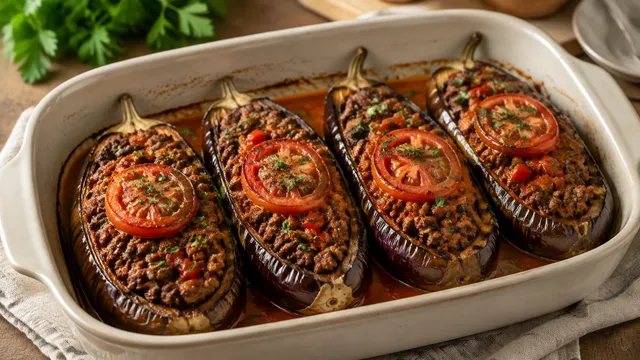 Vier aufgeschlitzte, gebratene Auberginen in einer Auflaufform, gefüllt mit Rinderhack, Tomaten und Paprika, obenauf Tomatenscheiben und frische Petersilie