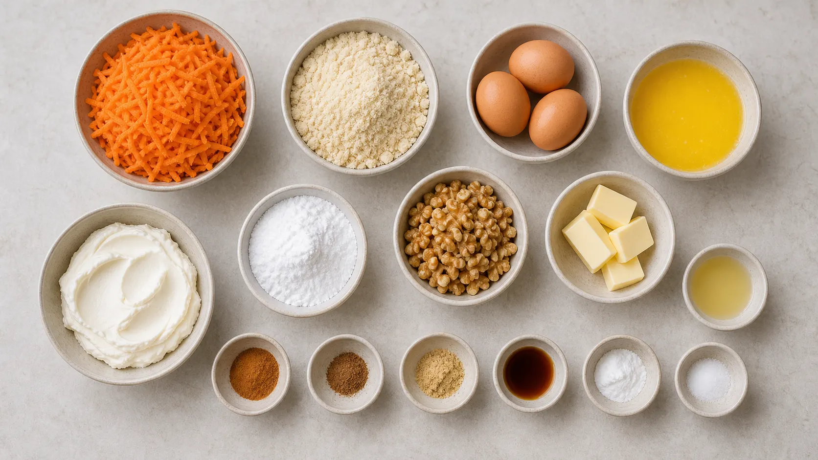 Zutaten für Keto Karottenkuchen mit Mandelmehl, Möhren, Walnüssen und Frischkäse