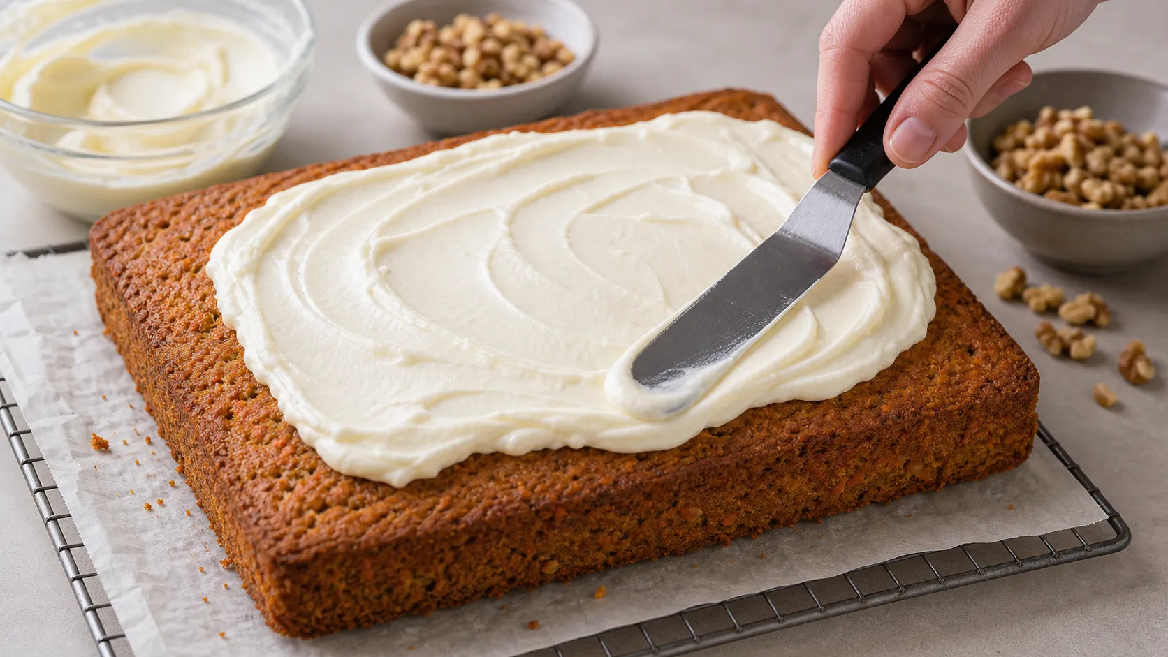 Frischkäse-Topping wird auf ausgekühlten Keto Karottenkuchen gestrichen