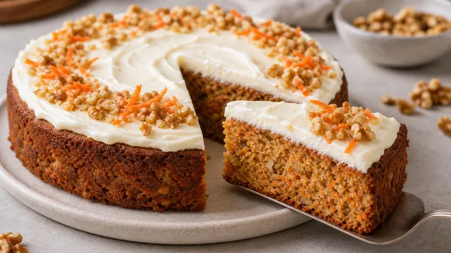Keto Karottenkuchen mit Frischkäse-Topping und Walnüssen angeschnitten