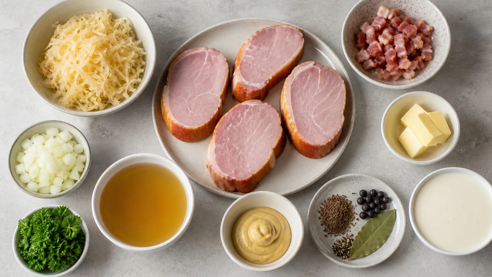 Zutaten für Kasseler mit Sauerkraut: Kasselerkoteletts, Sauerkraut, Speckwürfel, Sahne, Senf und Gewürze