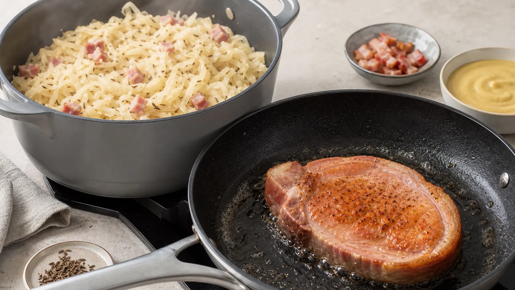 Kasselerkotelett brät in der Pfanne, daneben schmort Sauerkraut mit Speck im Topf