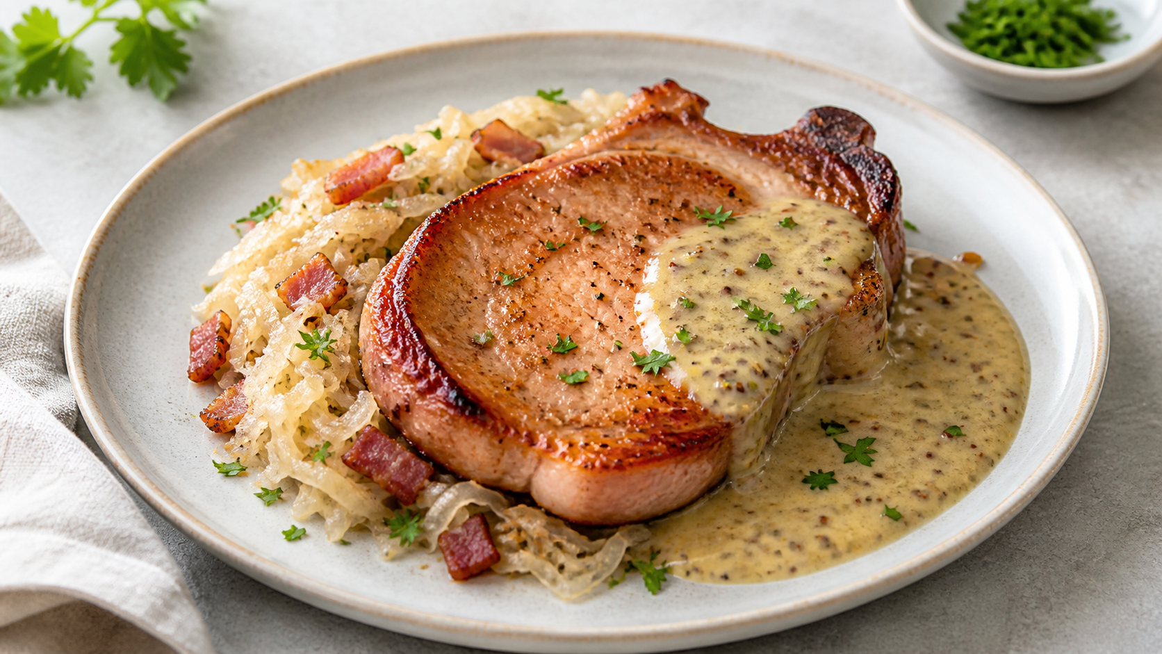 Gebratenes Kasselerkotelett auf Sauerkraut mit Speck, überzogen von cremiger Senfsauce und Petersilie