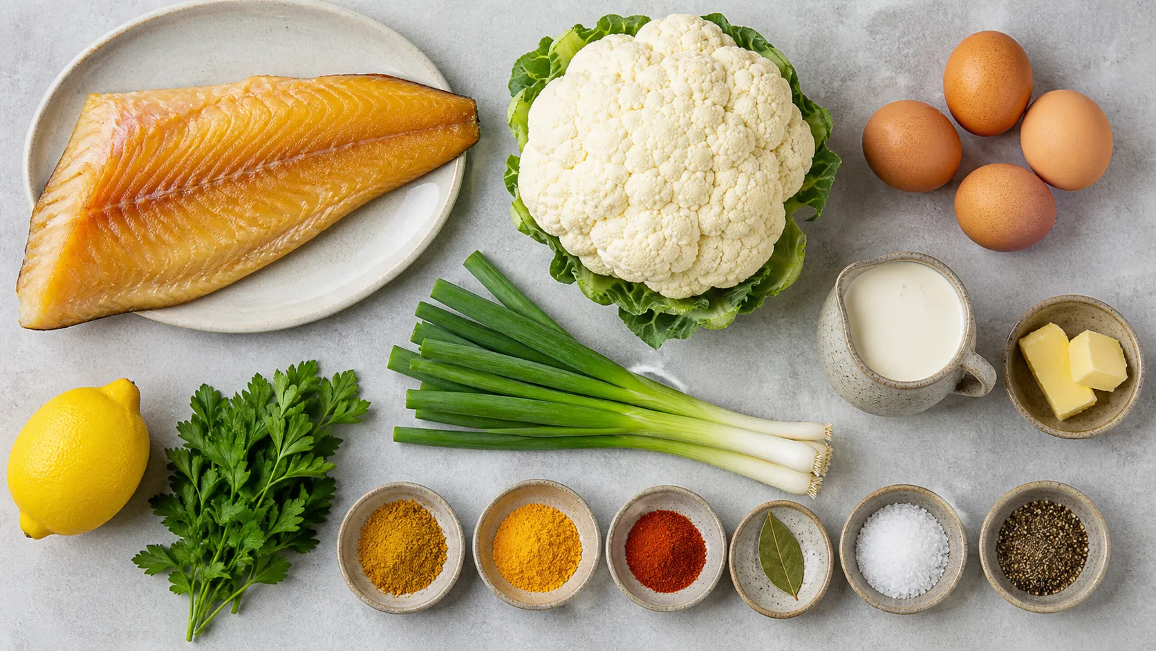 Zutaten für Keto-Kedgeree: geräuchertes Schellfischfilet, ein Blumenkohl, vier Eier, Butter, Sahne, Currypulver, Frühlingszwiebeln und Zitrone