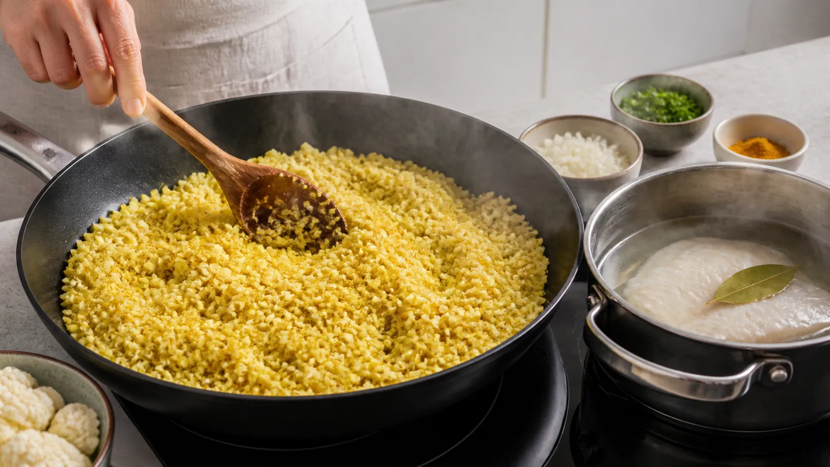 Blumenkohlreis brät mit Currypulver in geschmolzener Butter in einer Pfanne, daneben ein Topf mit pochiertem Räucherfisch