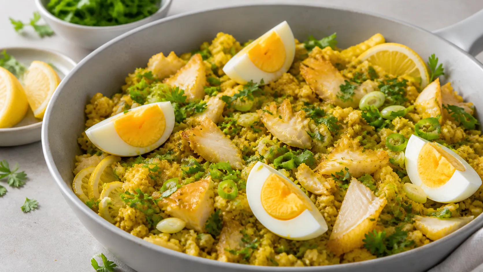 Pfanne mit currygelbem Blumenkohlreis, Stücken von Räucherfisch, geviertelten Eiern, Frühlingszwiebeln und Petersilie