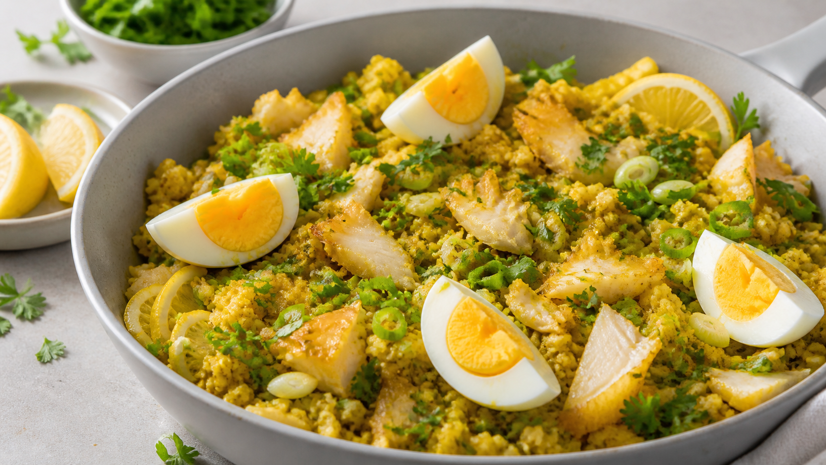 Pfanne mit currygelbem Blumenkohlreis, Stücken von Räucherfisch, geviertelten Eiern, Frühlingszwiebeln und Petersilie