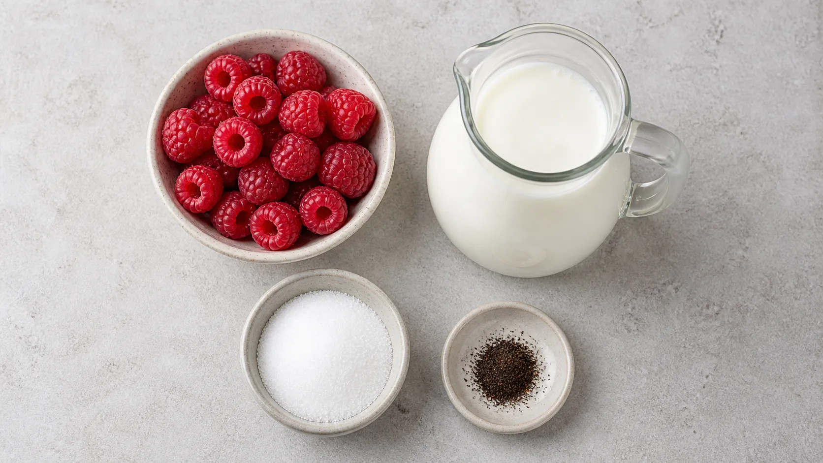 Flatlay der Zutaten für Keto-Kefir-Drink mit Milchkefir, Himbeeren, Vanille und Erythrit