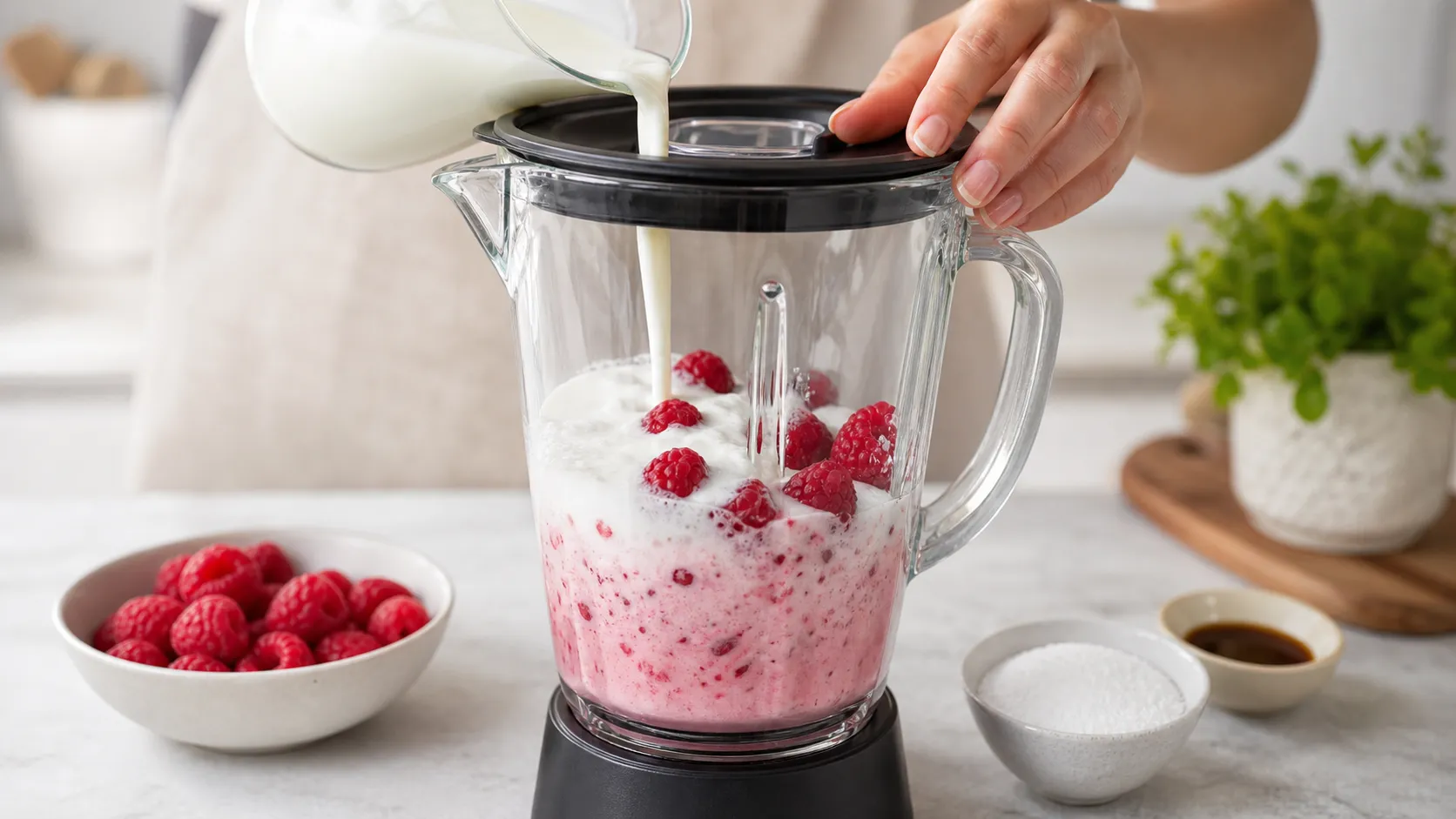 Kefir, Himbeeren, Vanille und Erythrit werden im Mixer für einen Keto-Drink püriert
