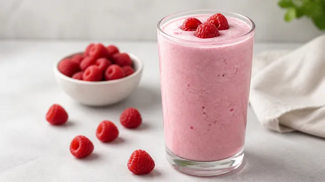 Keto-Kefir-Drink mit Himbeeren und Vanille in einem hohen Glas