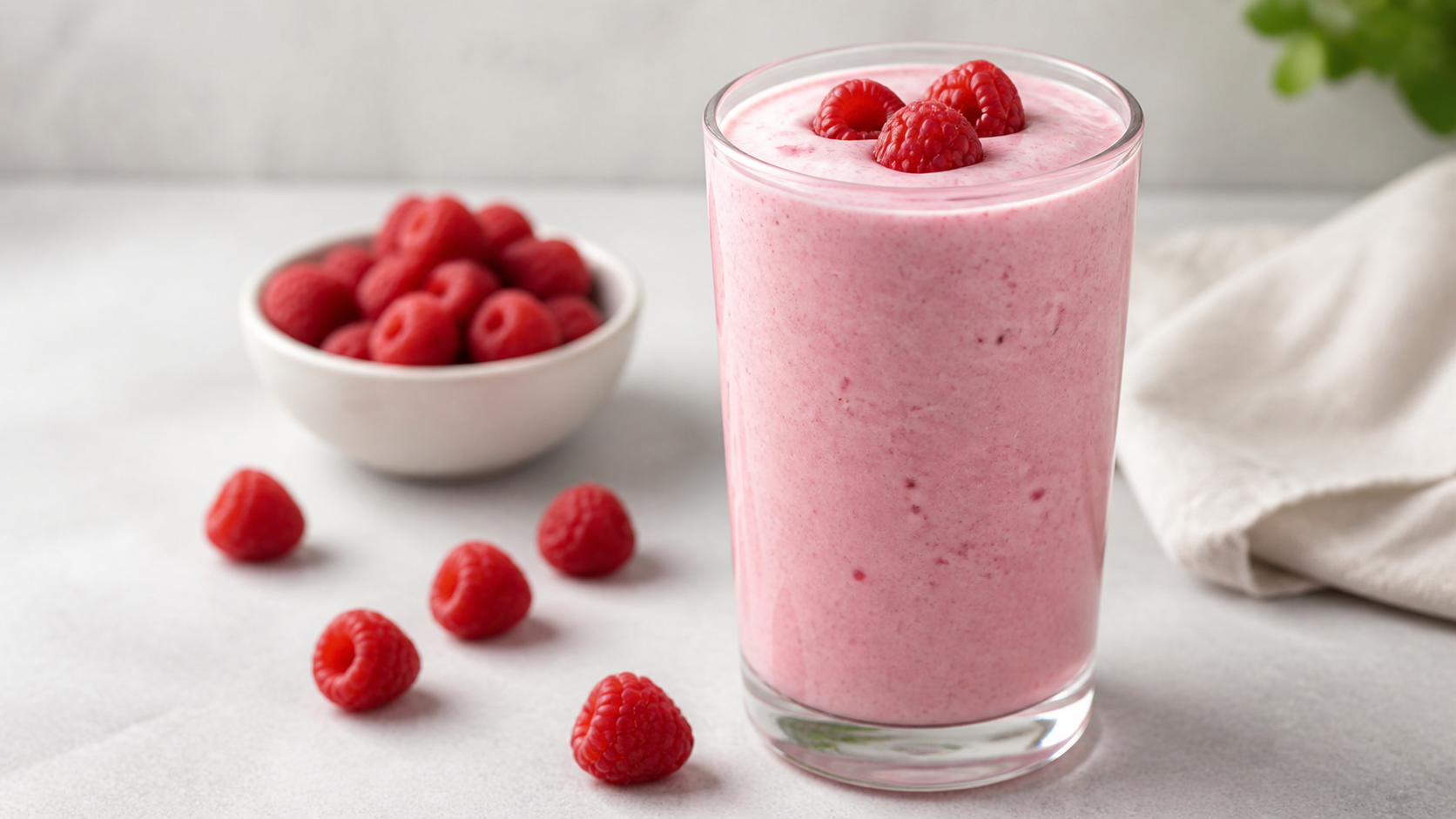 Keto-Kefir-Drink mit Himbeeren und Vanille in einem hohen Glas