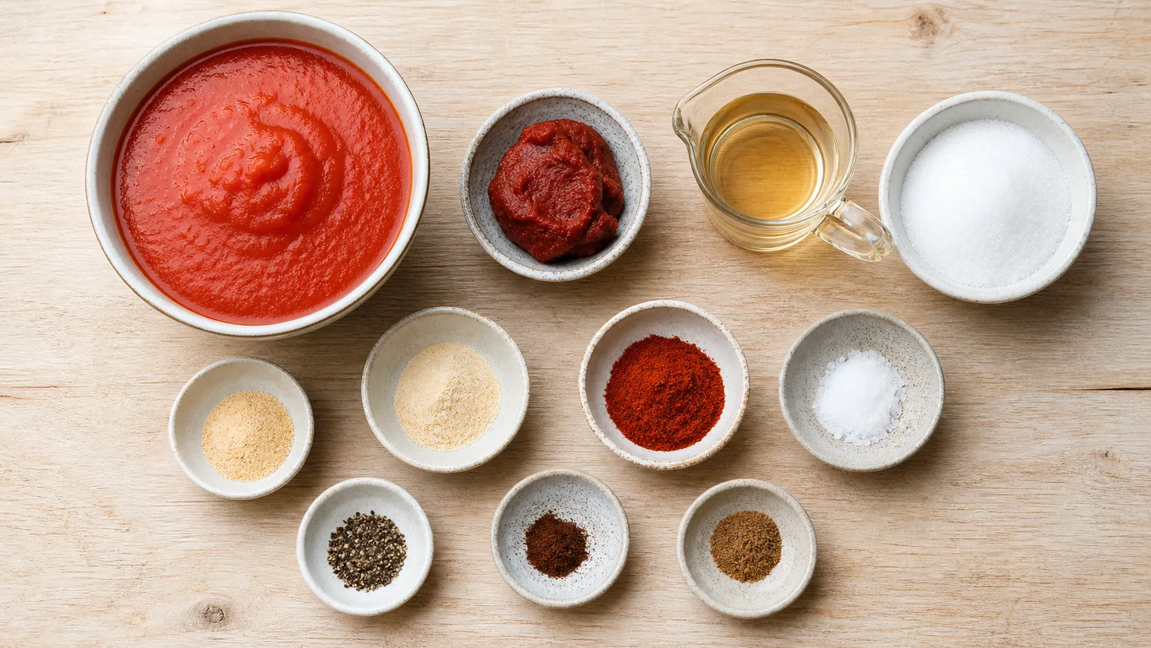 Zutaten für Keto Ketchup: passierte Tomaten, Tomatenmark, Apfelessig, Erythrit und Gewürze