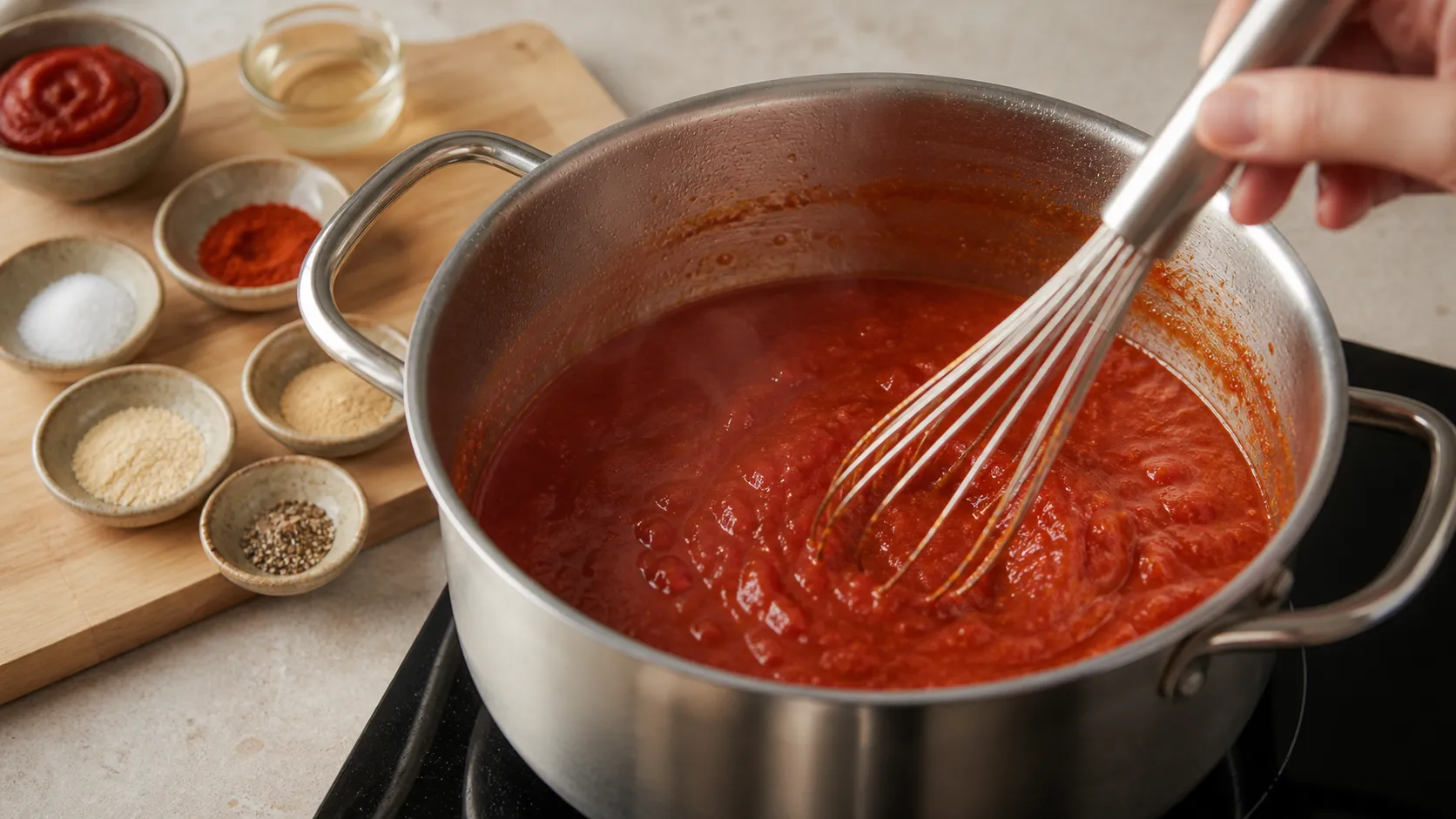 Ketchup köchelt in einem Topf ein und wird mit einem Schneebesen gerührt