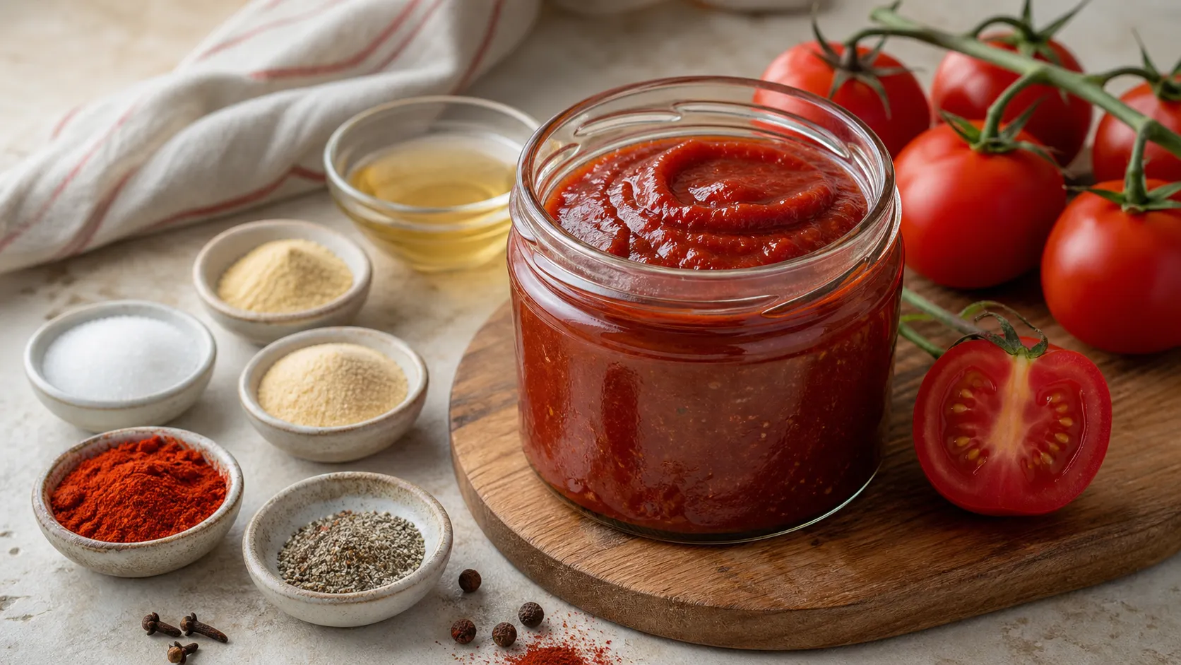 Selbst gemachter Keto Ketchup ohne Zucker in einem Glas neben frischen Tomaten