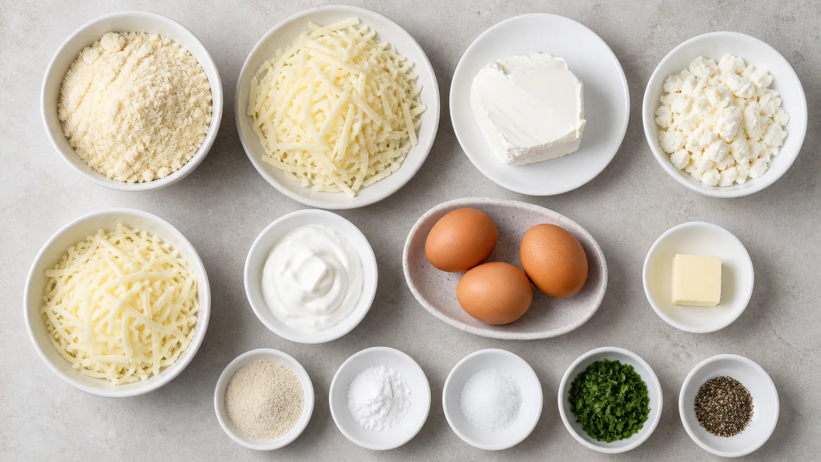 Zutaten für Keto-Khachapuri: Mandelmehl, geriebener Mozzarella, Frischkäse, Feta-Käse, Eier, Butter und Schmand