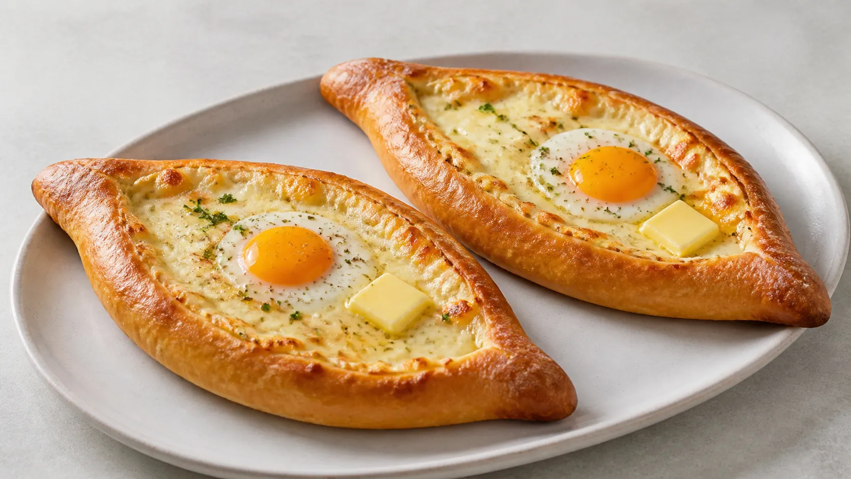 Keto-Khachapuri Adjaruli: bootförmiges Käsebrot aus Mandelmehl mit geschmolzenem Käse, Eigelb und Butter in der Mitte