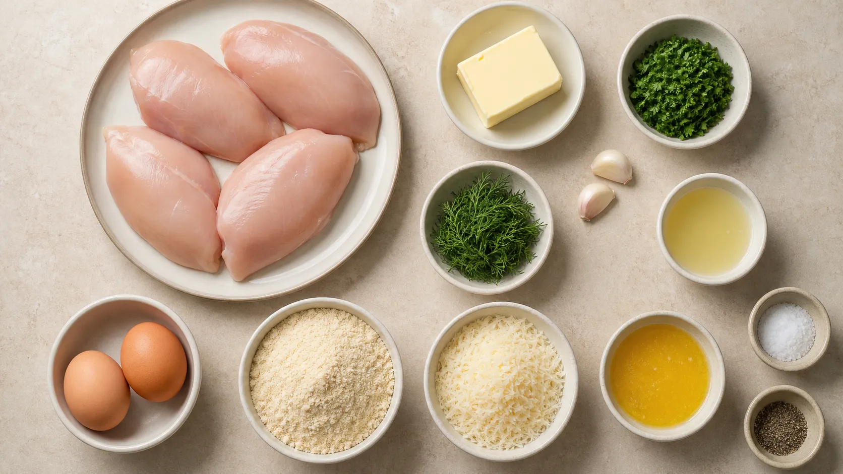 Zutaten für Keto Kiewer Kotelett: Hähnchenbrustfilets, Butter, Petersilie, Dill, Knoblauch, Eier, Mandelmehl und Parmesan
