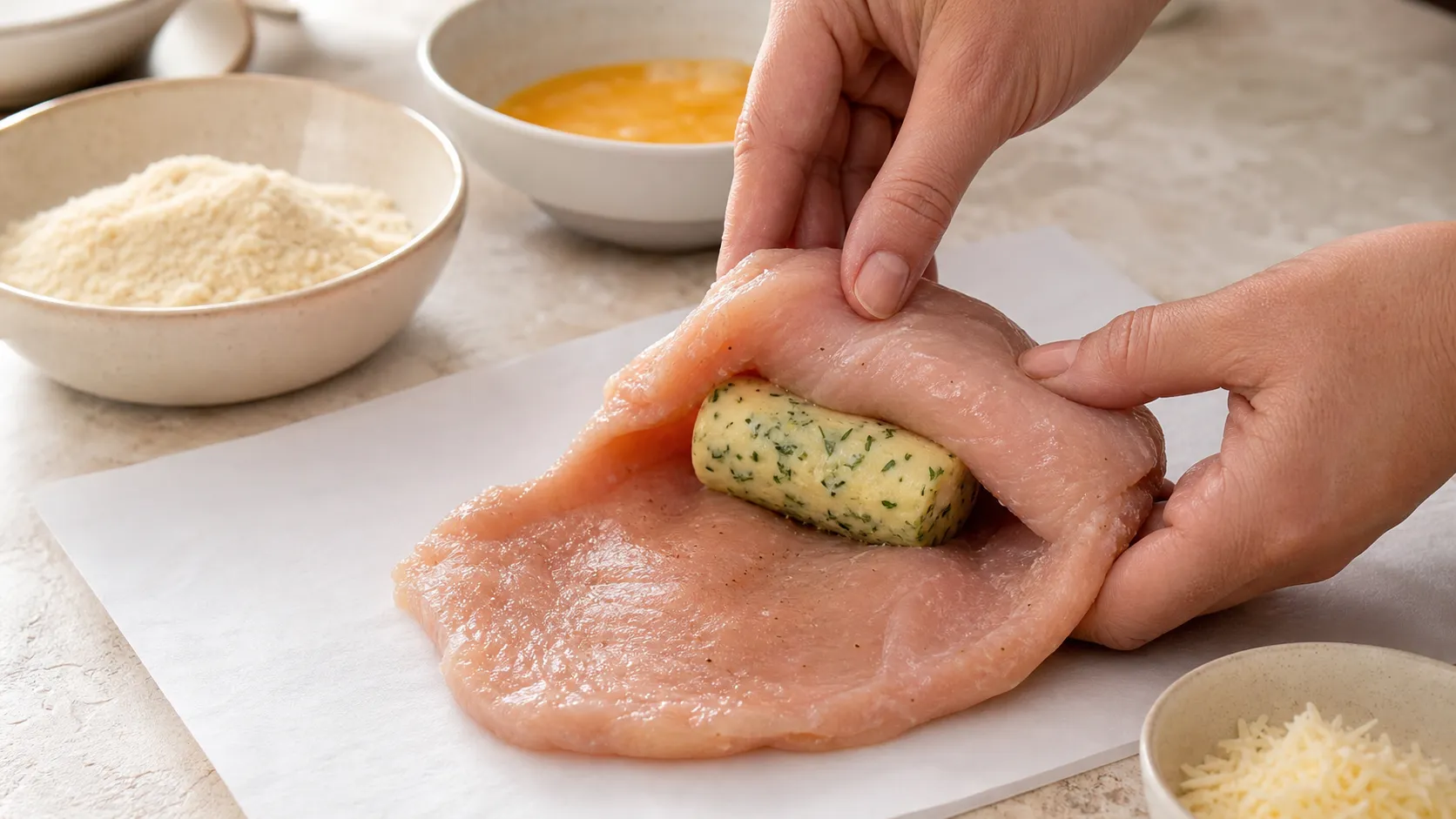 Ein plattiertes Hähnchenbrustfilet wird um eine Rolle gefrorener Kräuterbutter gewickelt