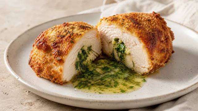 Aufgeschnittenes Keto Kiewer Kotelett, aus dem flüssige Kräuterbutter läuft, mit goldbrauner Mandelpanade