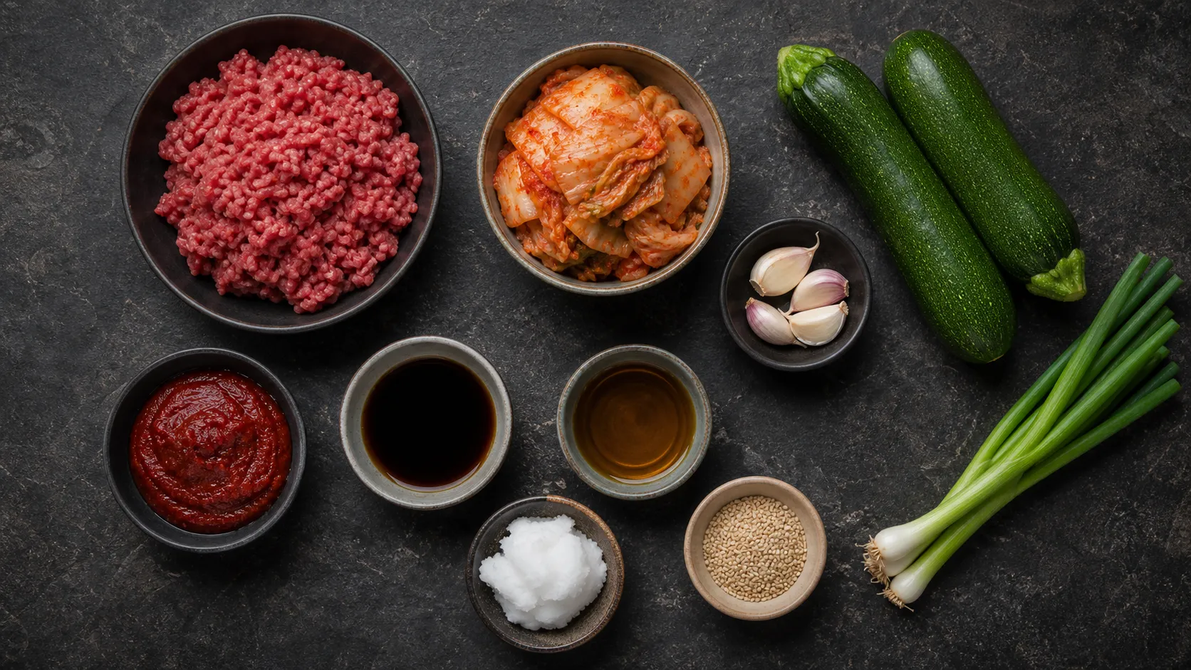 Flatlay der Zutaten für Keto-Kimchi-Rindfleisch-Pfanne mit Rinderhack, Kimchi, Zucchini und Sesamöl