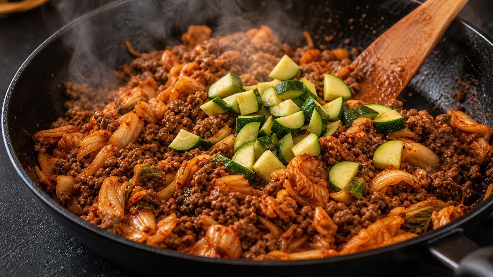 Kimchi wird mit Rinderhack und Zucchini in einer Pfanne scharf angebraten