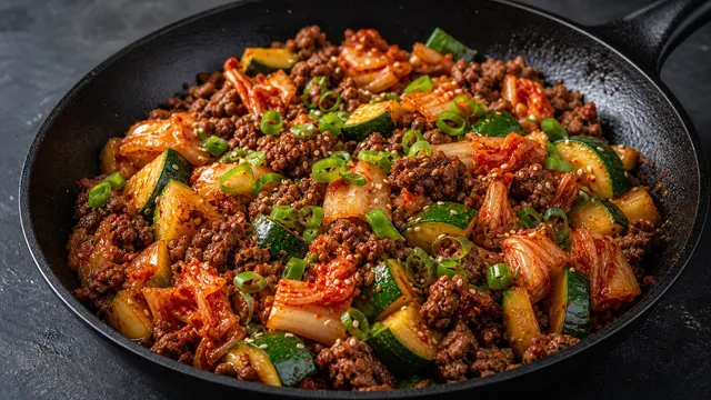 Fertige Keto-Kimchi-Rindfleisch-Pfanne mit Zucchini, Frühlingszwiebeln und Sesam