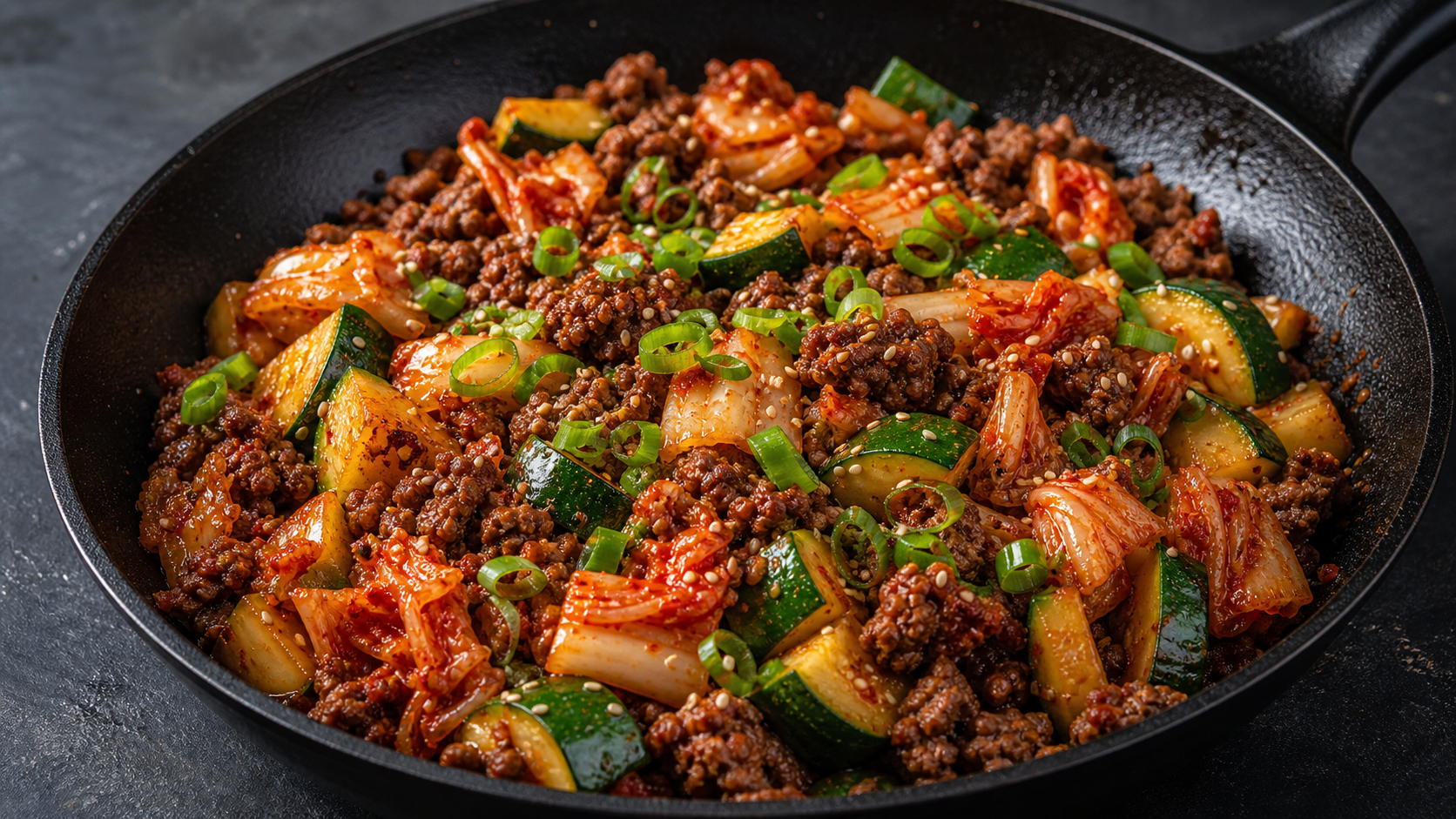 Fertige Keto-Kimchi-Rindfleisch-Pfanne mit Zucchini, Frühlingszwiebeln und Sesam