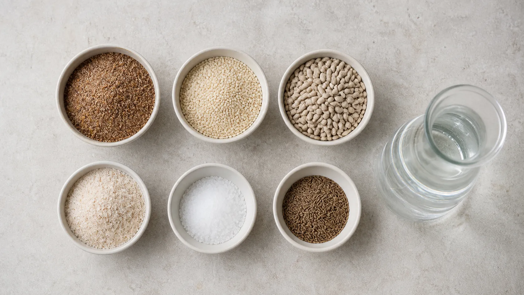 Zutaten für Keto-Knäckebrot: Leinsamen, Sesam, Sonnenblumenkerne, Flohsamenschalen, Salz und Wasser