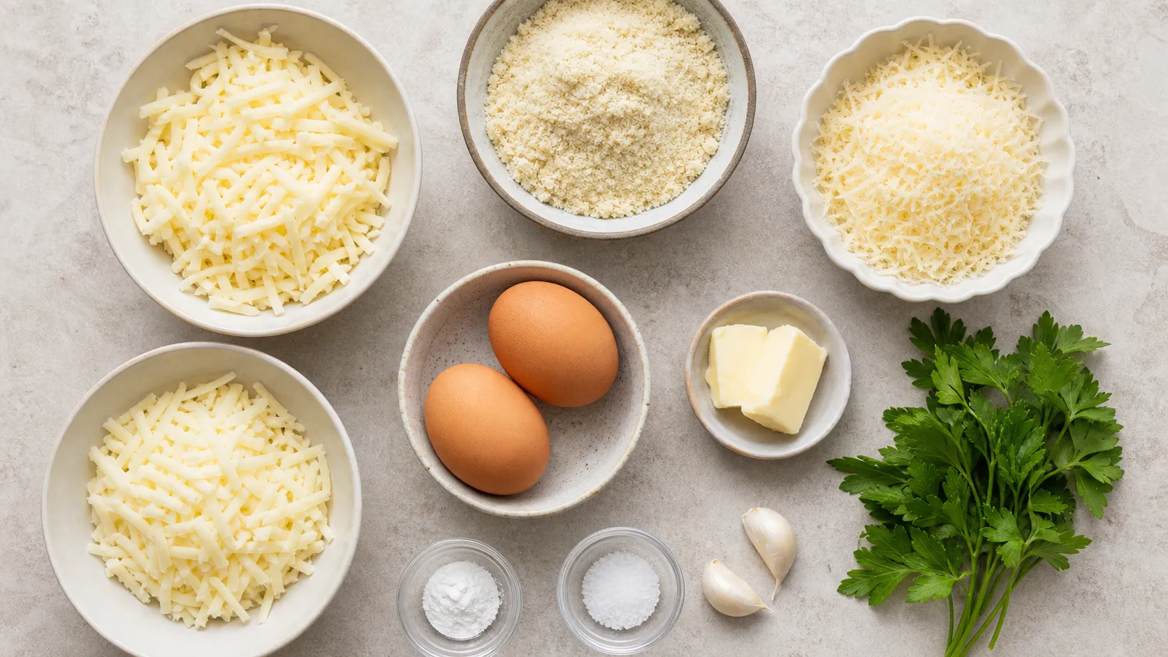 Zutaten für Keto-Knoblauchbrot: geriebener Mozzarella, Eier, Mandelmehl, Parmesan, Butter, Knoblauch und Petersilie