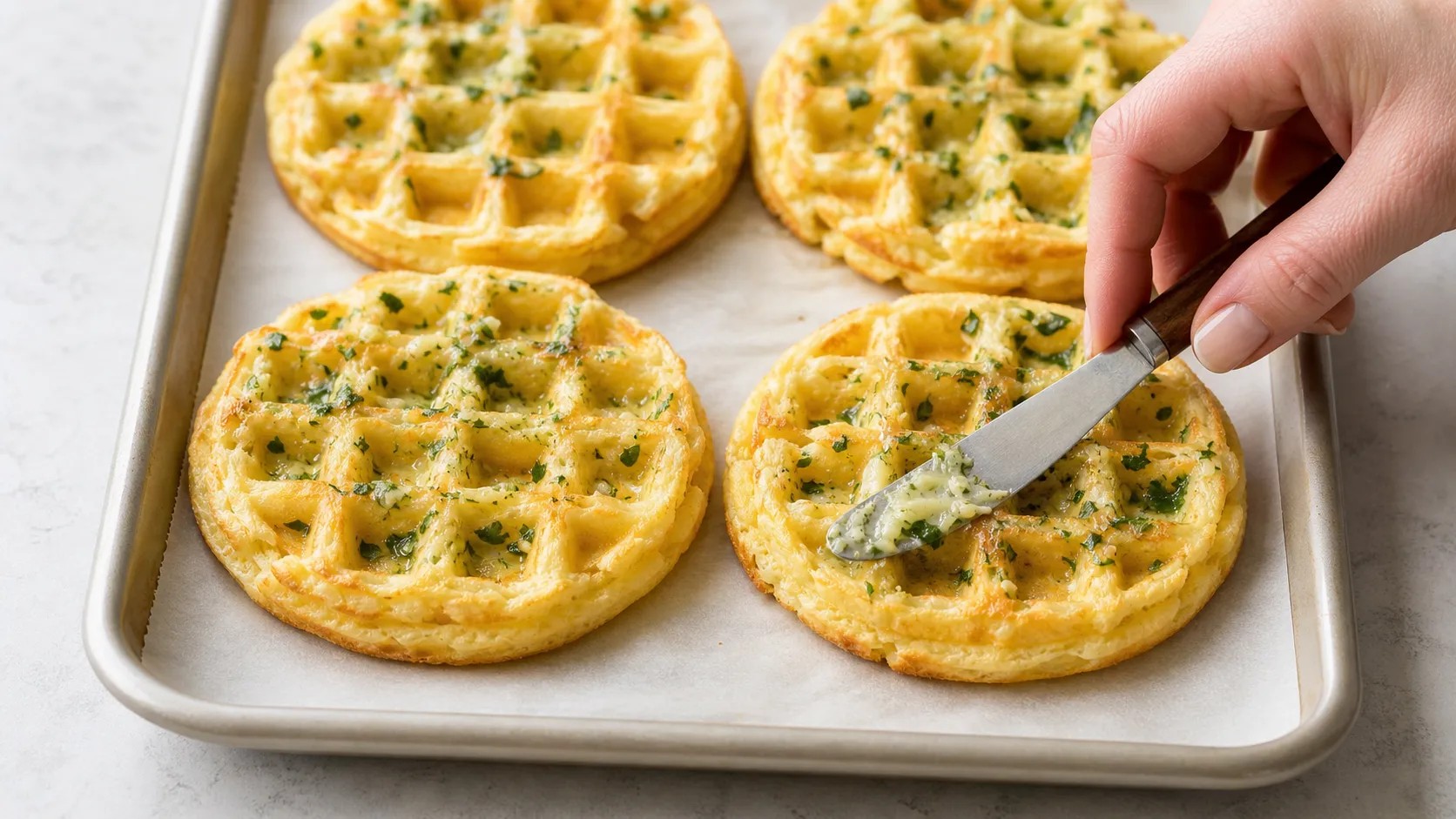 Knoblauchbutter wird auf gebackene Chaffle-Böden gestrichen
