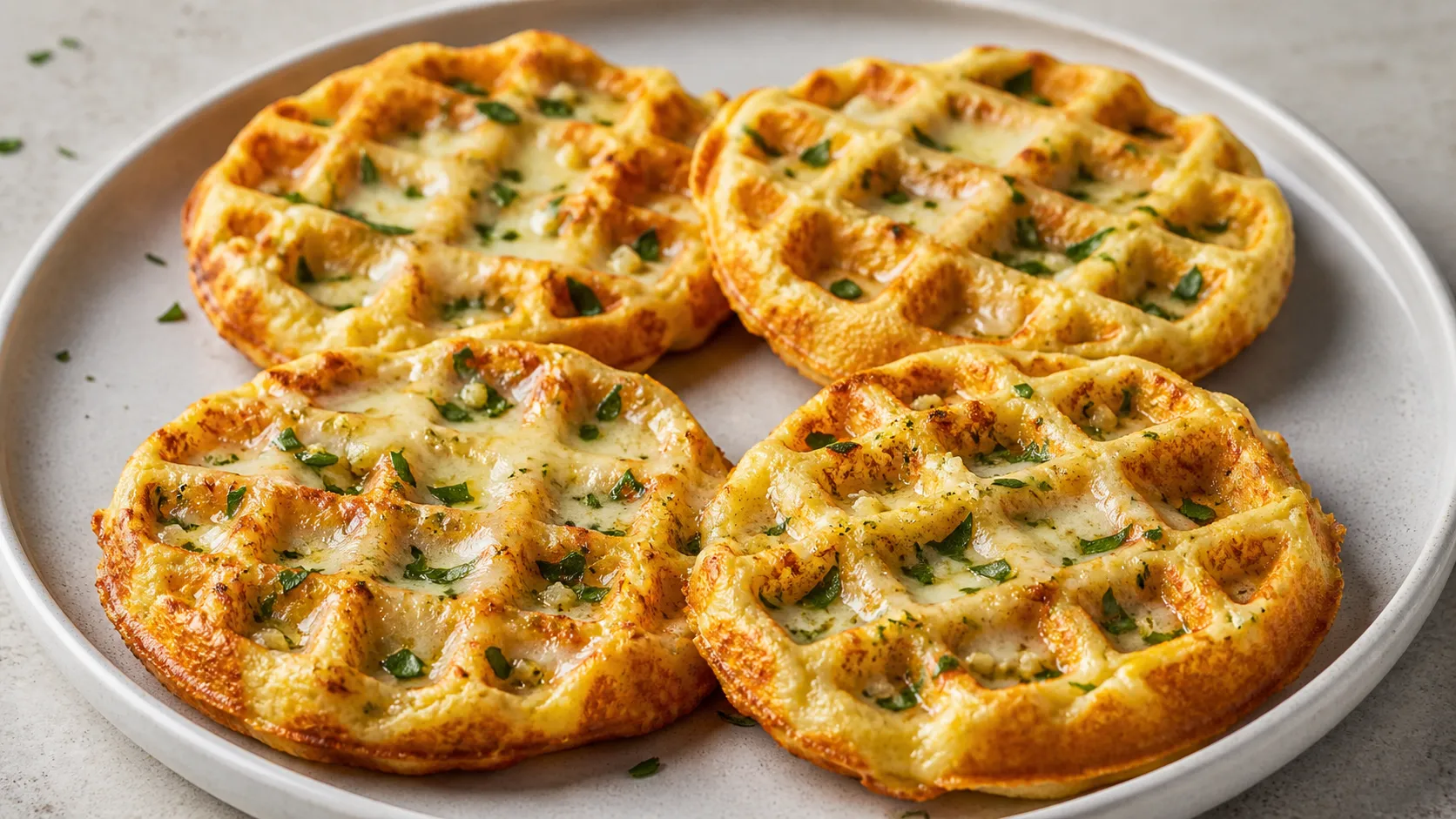 Vier überbackene Keto-Knoblauchbrot-Chaffles mit geschmolzenem Käse und Petersilie