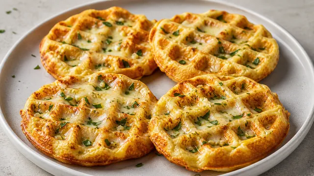 Vier überbackene Keto-Knoblauchbrot-Chaffles mit geschmolzenem Käse und Petersilie
