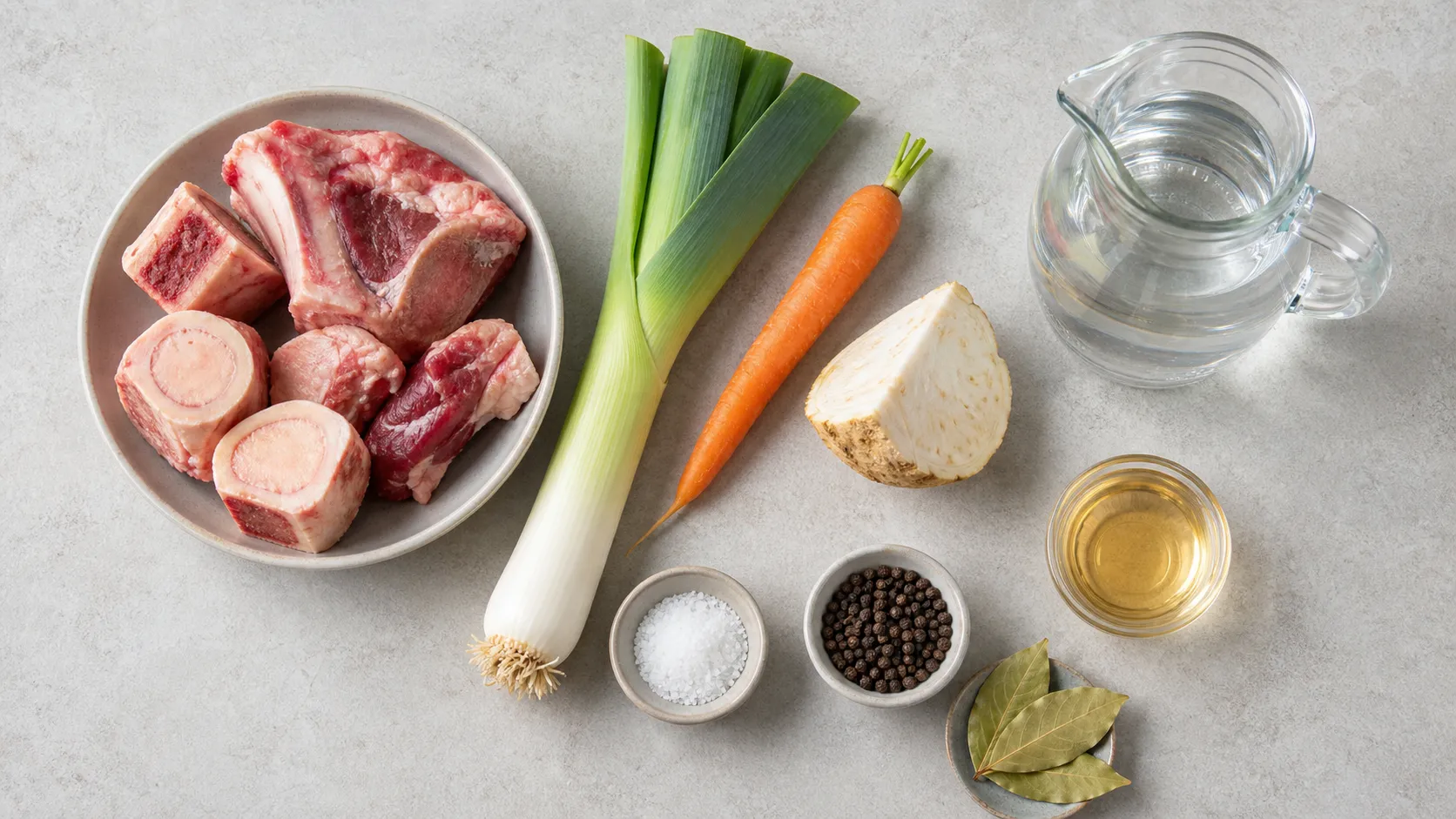 Flatlay der Zutaten für Keto-Knochenbrühe mit Rinderknochen, Lauch, Möhre, Sellerie, Lorbeer, Pfeffer, Salz und Apfelessig