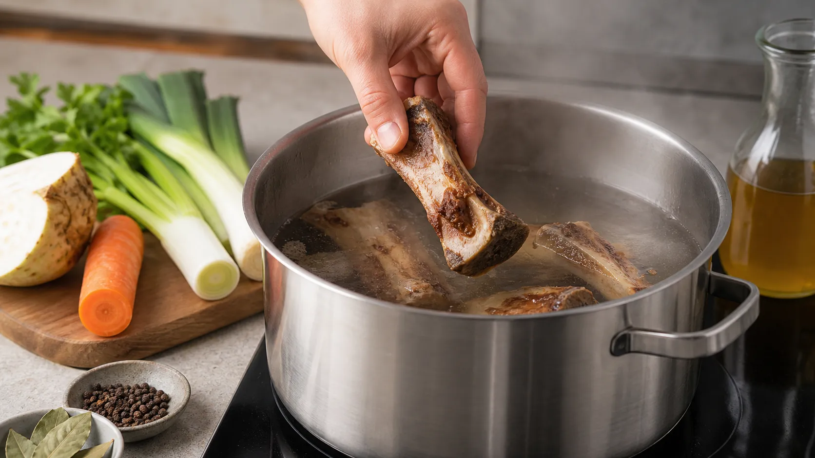 Geröstete Rinderknochen werden mit Wasser und Apfelessig für Keto-Knochenbrühe angesetzt