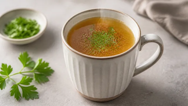 Dampfende Keto-Knochenbrühe mit Petersilie und Pfeffer in einer Tasse