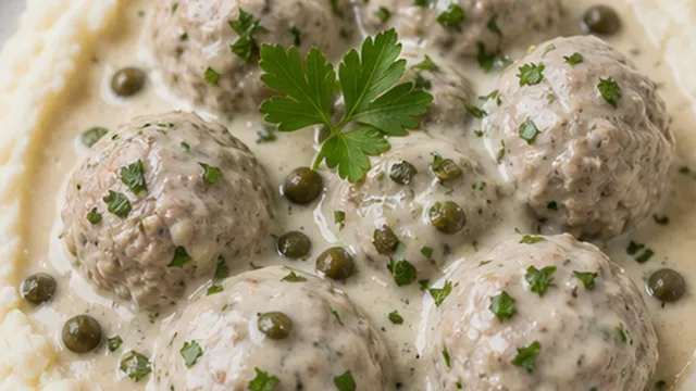 Keto Königsberger Klopse mit Blumenkohlpüree: 7 g Netto-KH und 42 g Fett fertig angerichtet als ketogenes Rezept