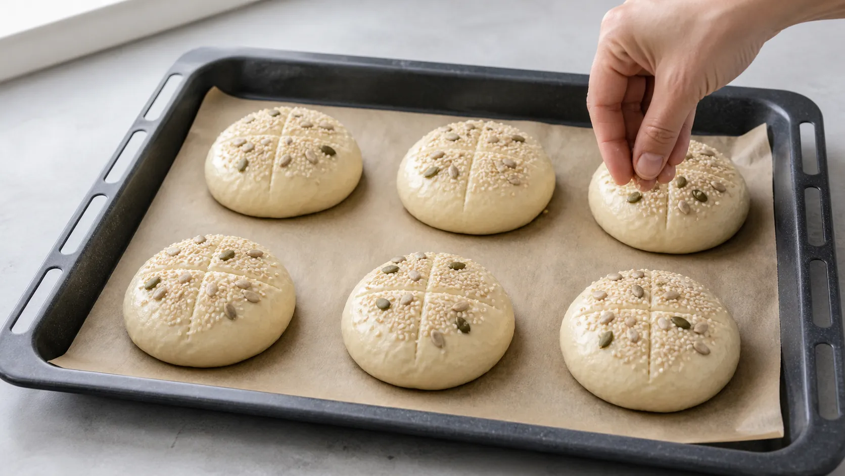 Geformte Teiglinge für Keto-Körnerbrötchen mit Sesam bestreut auf einem Backblech
