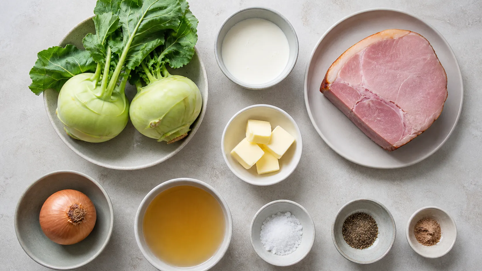 Zutaten für die Kohlrabi-Cremesuppe: Kohlrabi mit Grün, Sahne, Kochschinken, Butter, Zwiebel und Brühe