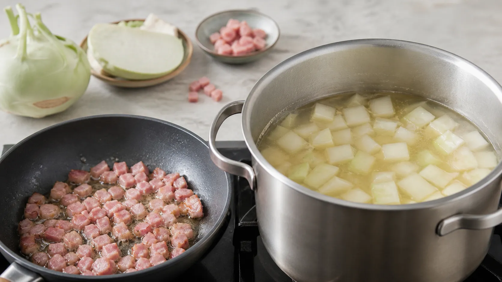 Kohlrabiwürfel köcheln im Topf, daneben braten Schinkenwürfel knusprig in einer Pfanne
