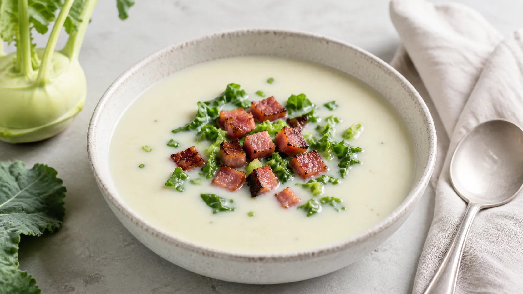 Teller mit heller Kohlrabi-Cremesuppe, knusprigen Schinkenwürfeln und gehacktem Kohlrabigrün